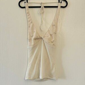 White Beaded Halter Top Backless Tie Neck Y2K Embellished Knit Camisole Tank